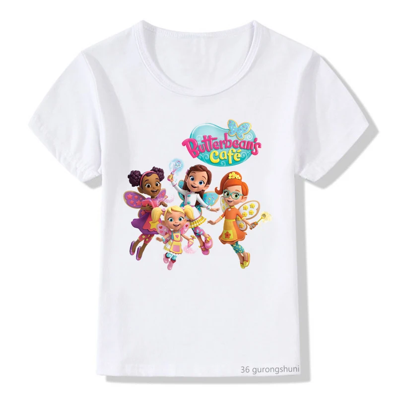 Kawaii girls t-shirt cartoon Butterbean's Café graphic print children's tshirt summer Harajuku girl clothes white pink shirt top