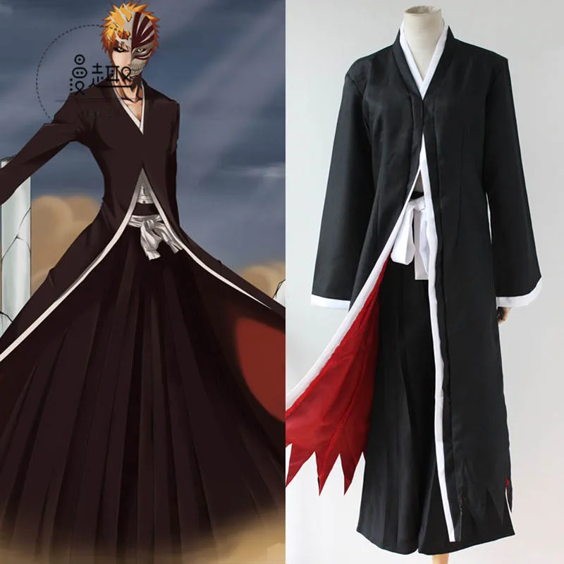 Bleach Cosplay Costumes Ichigo Kurosaki Hollow Mask Men Ichigo Wig Black Cloak With Straw Sandals Socks Wig mask Top + pants