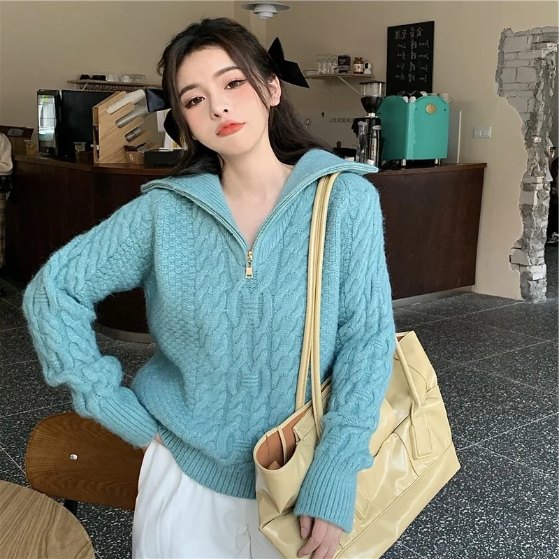 

Nice Short Style Solid Women Knit Turtleneck Long Sleeve Ladies Jumpers Casual High Neck Female Sweaters with Zipper for Outwear