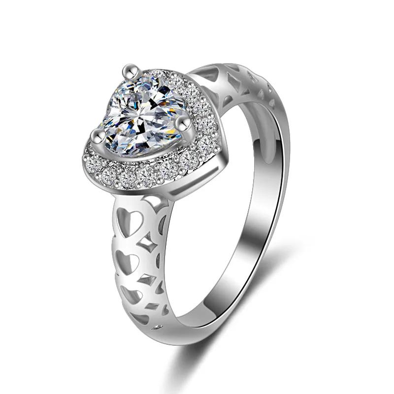 Buyee 925 Sterling Silver Wedding Ring Light White Zircon Heart Ring Finger for Woman Girl Fashion Party Fine Jewelry Circle