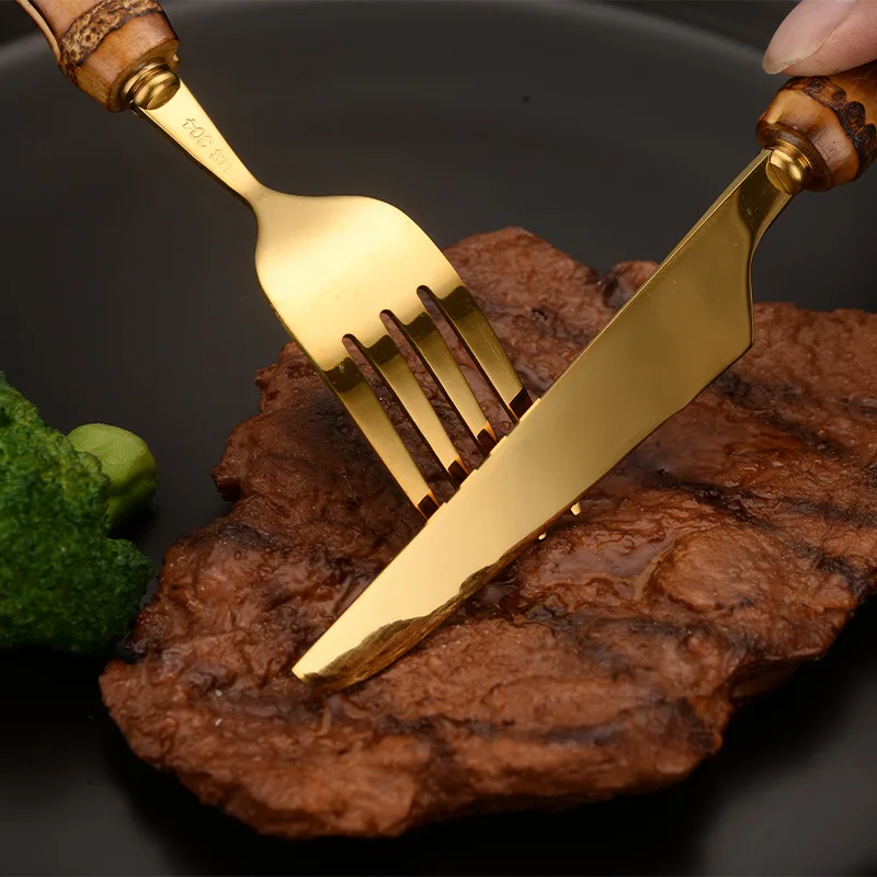 

1pc stainless steel western food golden spoon knife and fork kitchen household goods wooden handle creative tableware