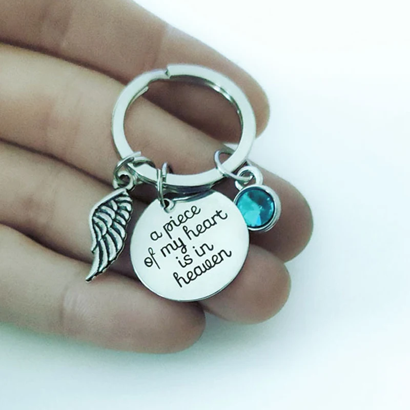 Personalized Memorial Jewelry A Piece of My Heart is in Heaven Keychain Angel Wing Key Chain Memorial Gift with Birthstone Charm