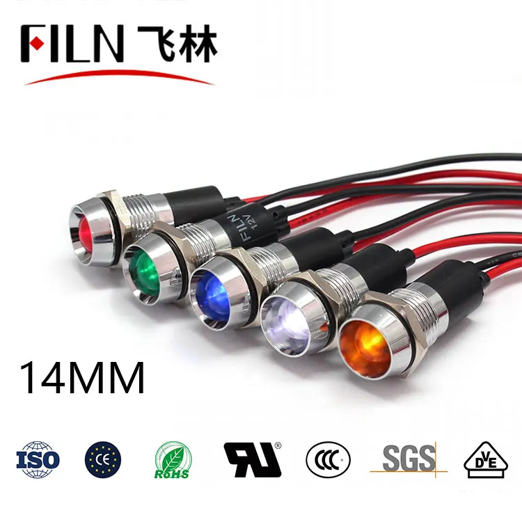 FILN Hot sale Metal 14mm 12v 24v 220v 110v signal lights high quality led indicator lights with wire