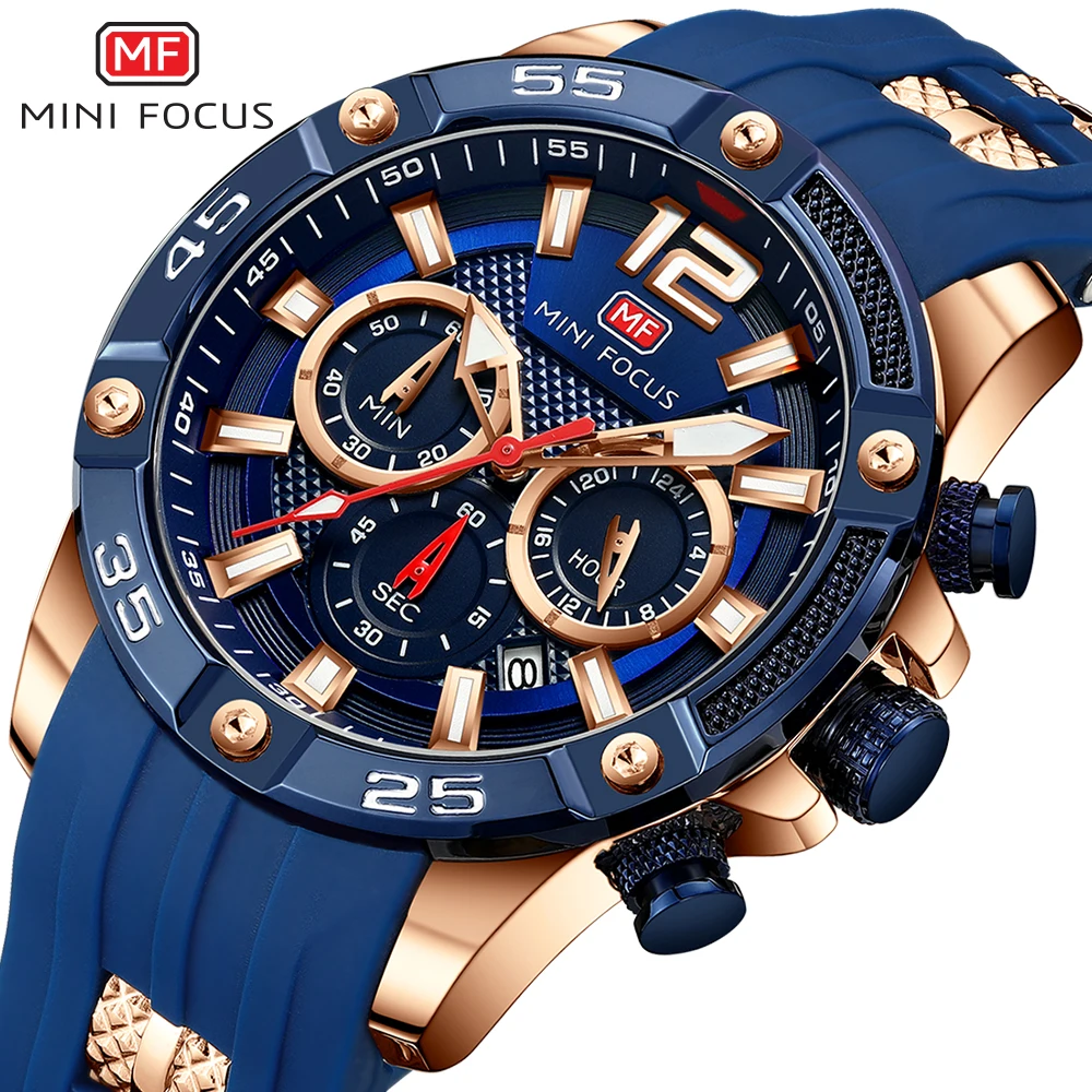 MINI FOCUS Chronograph Men\'s Watches Luxury Top Brand Quartz Watch Blue Silicone Military Sports Wristwatch Relogios Clock 0349