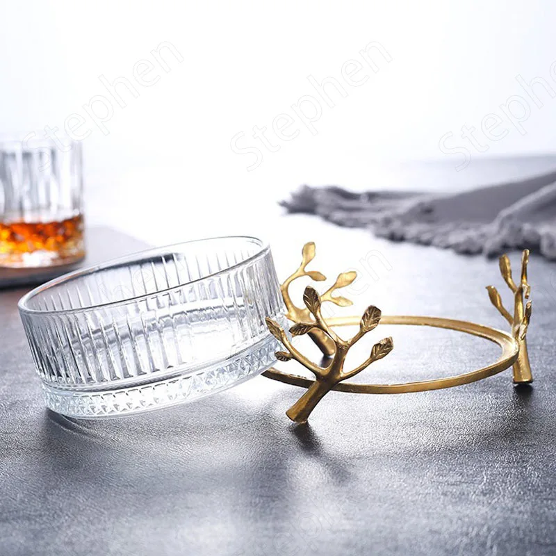Mini Crystal Brass Fruit Bowl American Luxury Clear Glass Salad Bowls Golden Branches Embellishment Transparent Snack Dishes