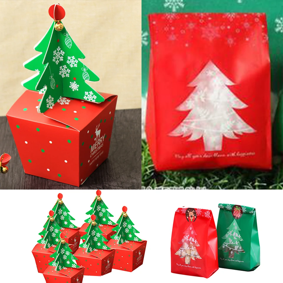 1set natale rosso verde scatola di caramelle forma di albero sacchetti di caramelle confezione di biscotti per decorazioni per regali per feste a