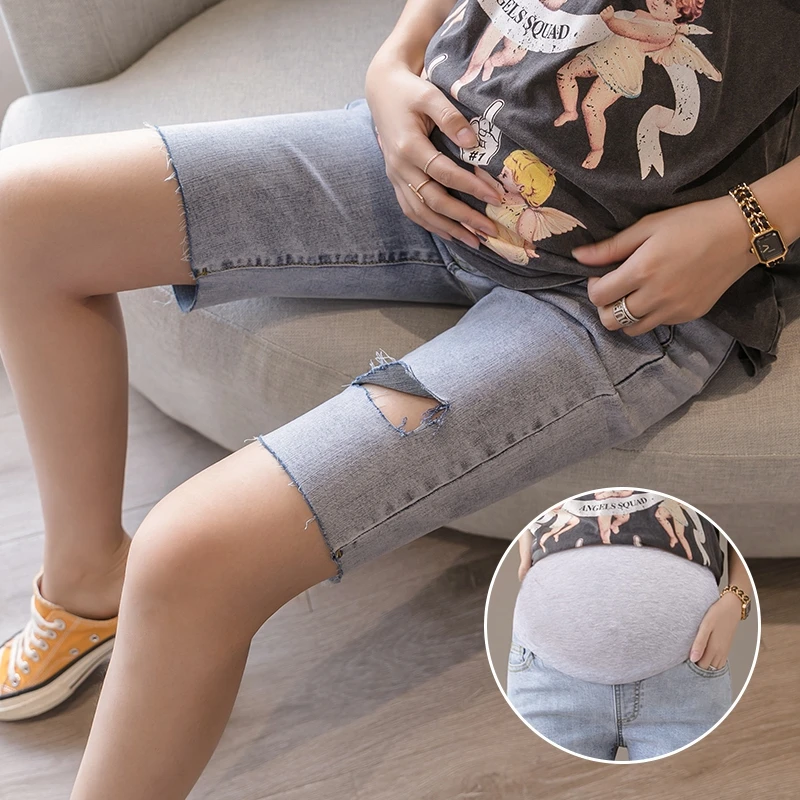 Pregnant women short shorts summer thin style outer wear fashionable hole five-point pregnant women denim leggings