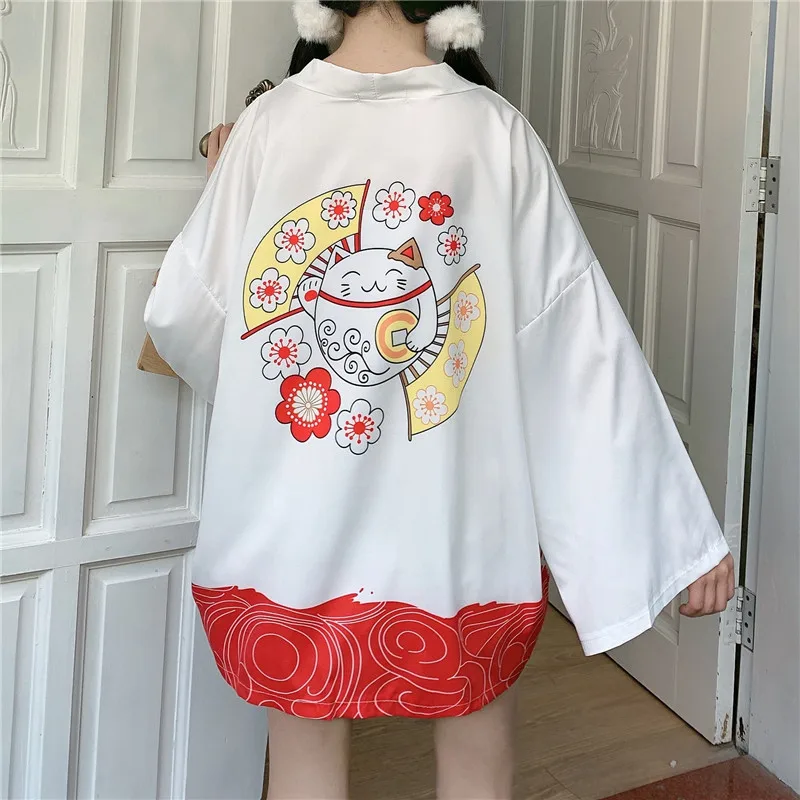 

Black White Lucky Cat Loose Women Cardigan Japanese Kimono Popular Asia Yukata Blouse Tops Casual Woman Kimonos Robe Cosplay