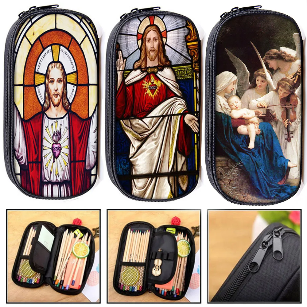 Vintage Religious Jesus Mary Colorful Cosmetic Cases Women Makeup Bag Teenager Girls Pencil Bag School Case Kids Stationary Bags