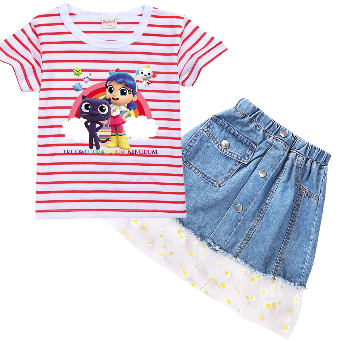 

Summer Girl Clothes Set Kids Cartoon True Rainbow Kingdom T Shirt Knee Jeans Skirt 2pcs Toddler Girls Outfits Children Clothing