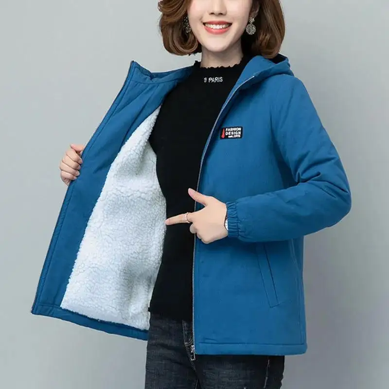 

Add Fleece Winter Jacket Women 2022 Spring Autumn New Loose Coat Female short Hooded Windbreaker Outerwear Casual Outerwear 5XL