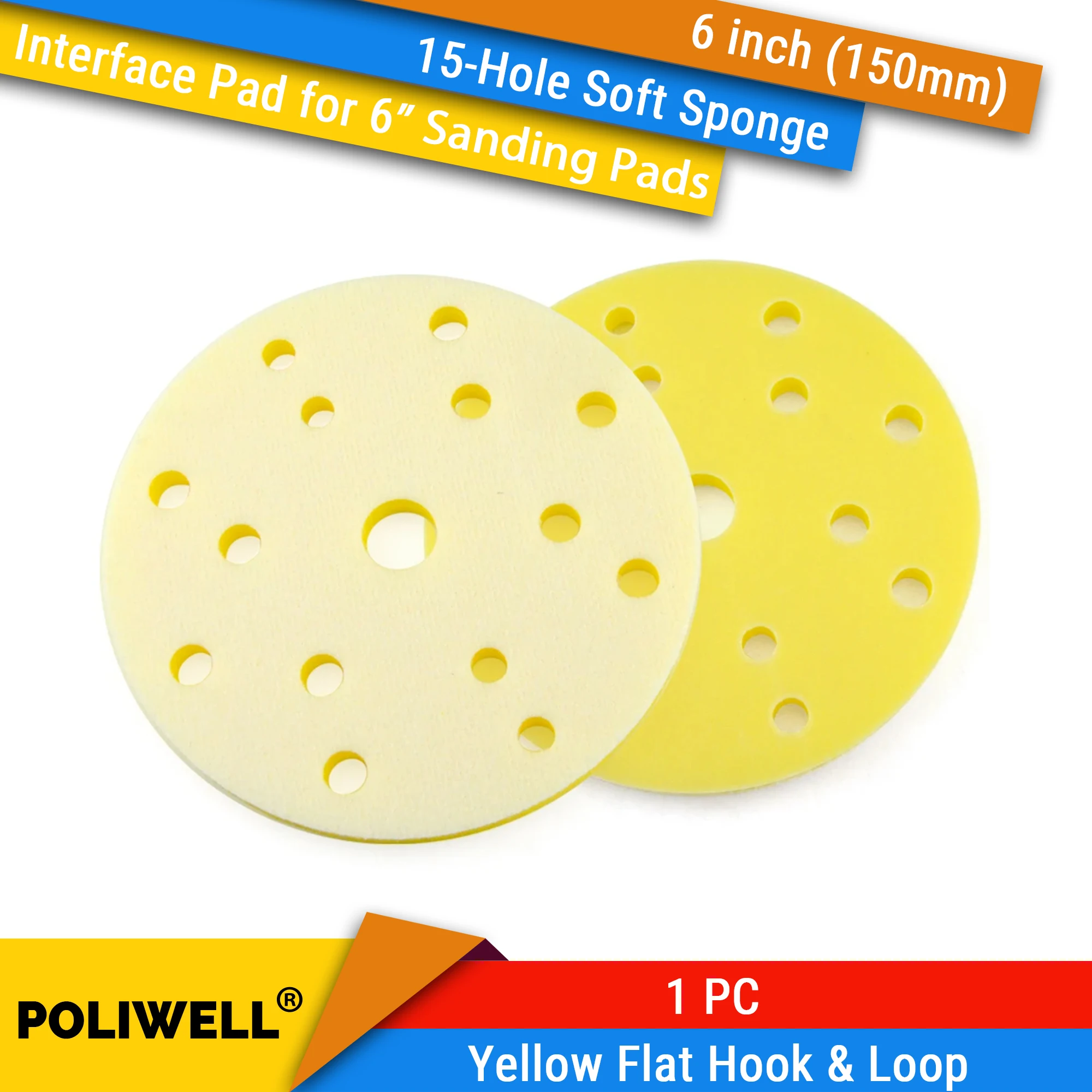 Tampone di supporto tampone interfaccia di protezione superficie gancio e anello piatto giallo spugna morbida da 6 pollici 150mm 15 fori