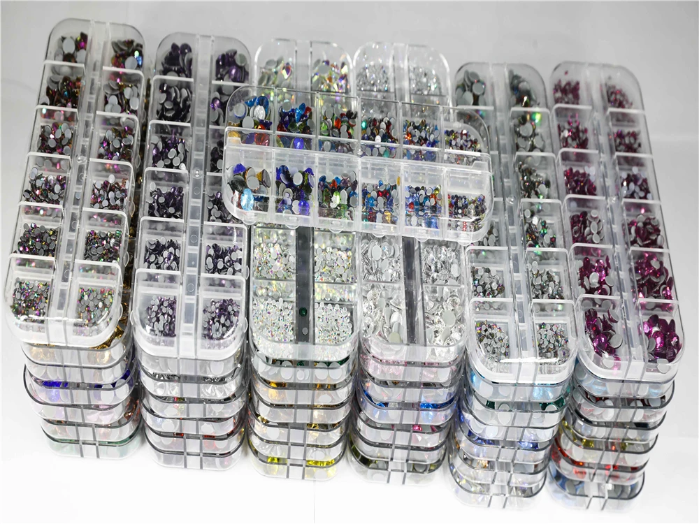 12Grid Mix Sizes Hot Fix Rhinestones Set Flatback Stone Crystal Glass Strass Glue on Rhinestones for DIY shoe bag Garment
