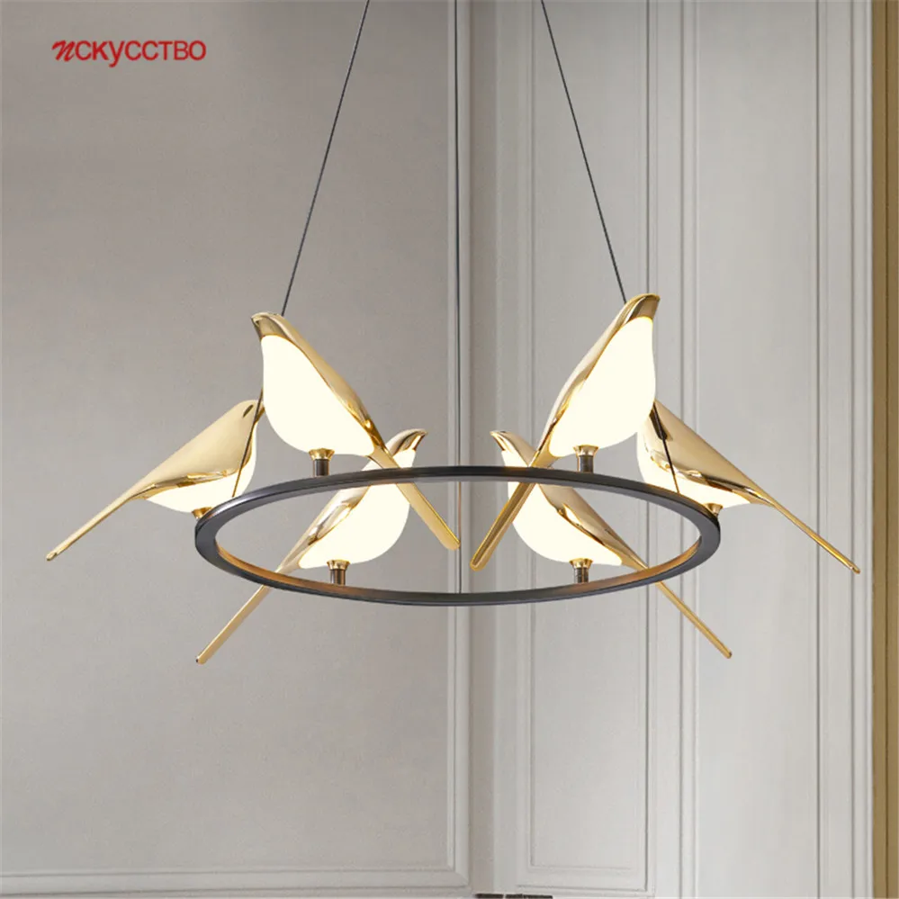 

Postmodern Designer Golden Bird Black Ring Led Chandeliers Lighting For Loft Hallway Living Room Luxury Home Deco Hanging Lamp