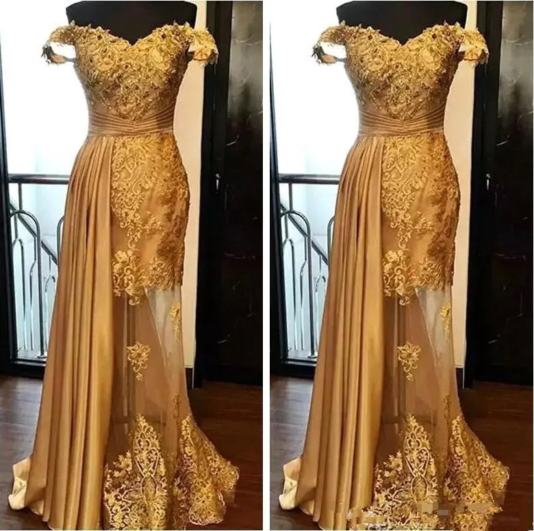 

Gold Formal Celebrity Dresses Mermaid Off The Shoulder Appliques Lace Beaded Long Evening Dresses Red Carpet Dresses