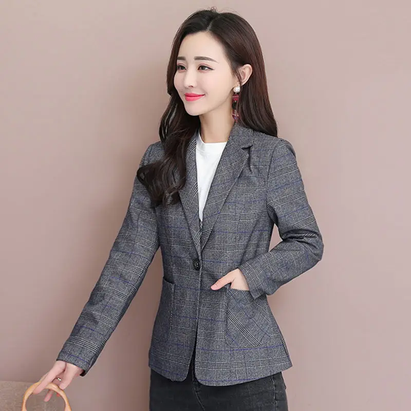 PEONFLY Vintage Casual Plaid Blazer Women Fashion Single Button Office Ladies Jacket Coat Notched Collar Long Sleeve Blazer