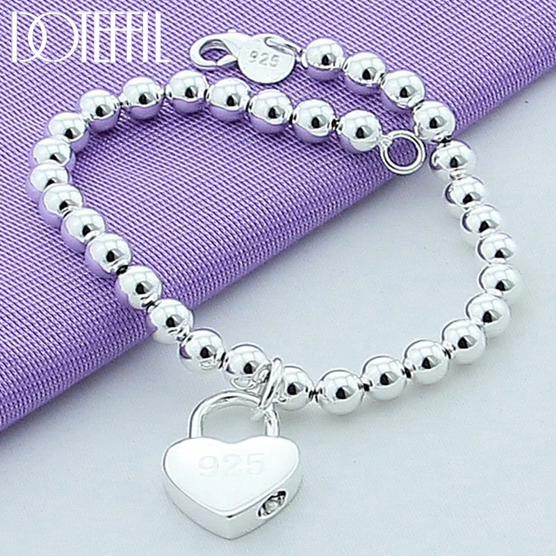 

DOTEFFIL 925 Sterling Silver Heart Lock 6mm Beads Chain Bracelets Jewelry Women Top Quality Lovers Bracelets Christmas Gift