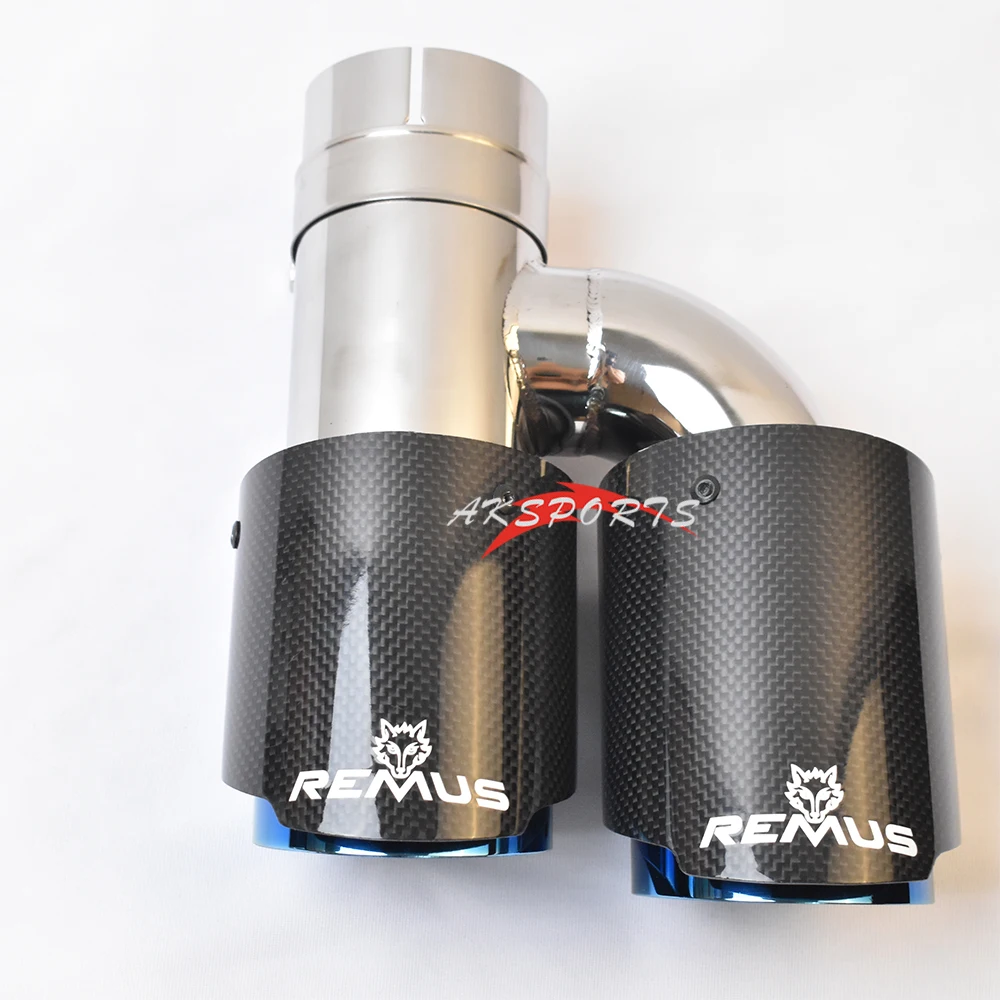 1PC Glossy Blue Stainless Steel Straight Muffler Pipe Carbon H Style Left Side End Tail Exhaust Tip With Remu Logo