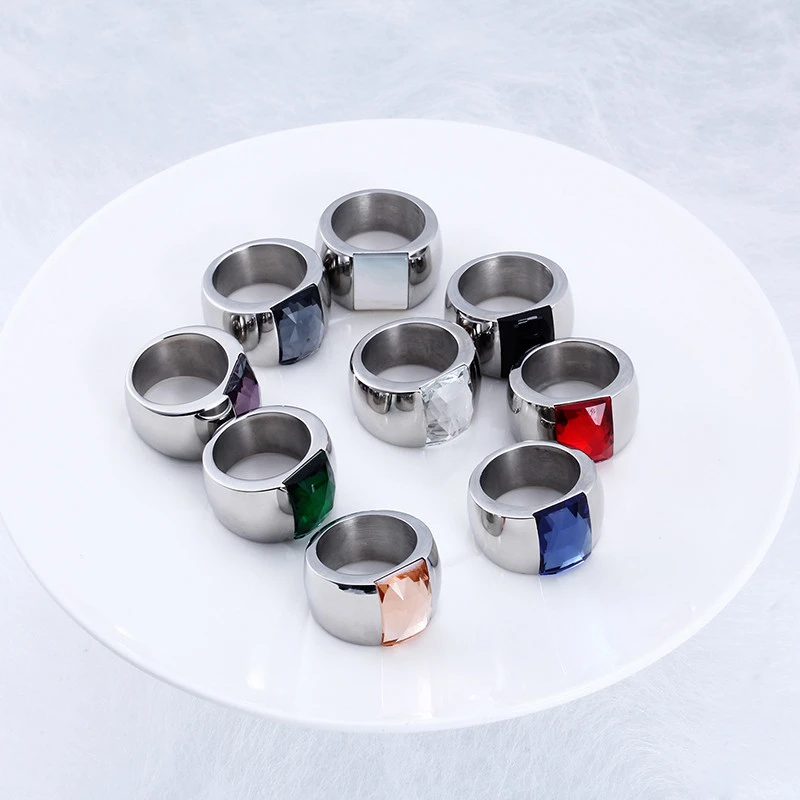 Fashion 18K Gold Color Stainless Steel Rings For Women Sqare Colorful Stone Glass Femme Rings Anillos Mujer Jewelry Gifts