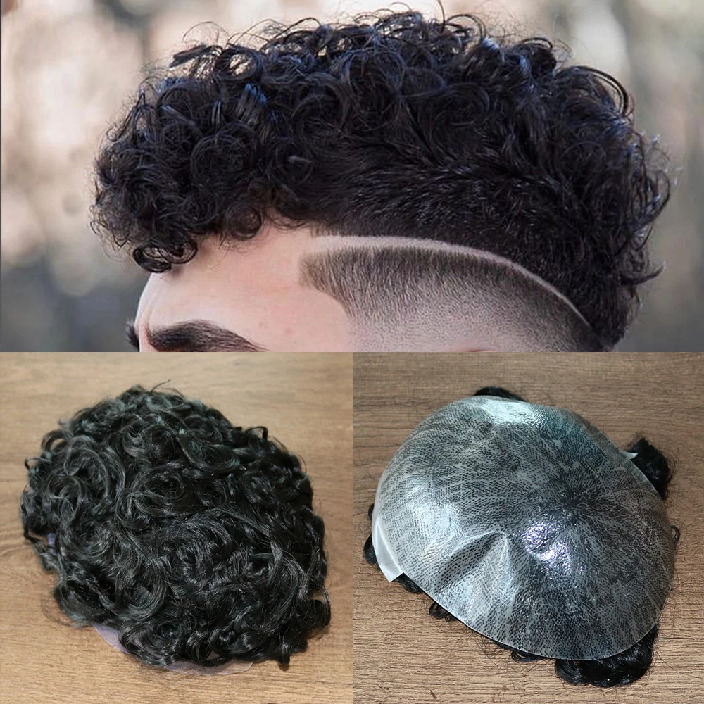 20MM Curly Machine Injected Technical Men's Wig Skin Base Human Hair Toupee Replacement System #1B Color 8x10inch