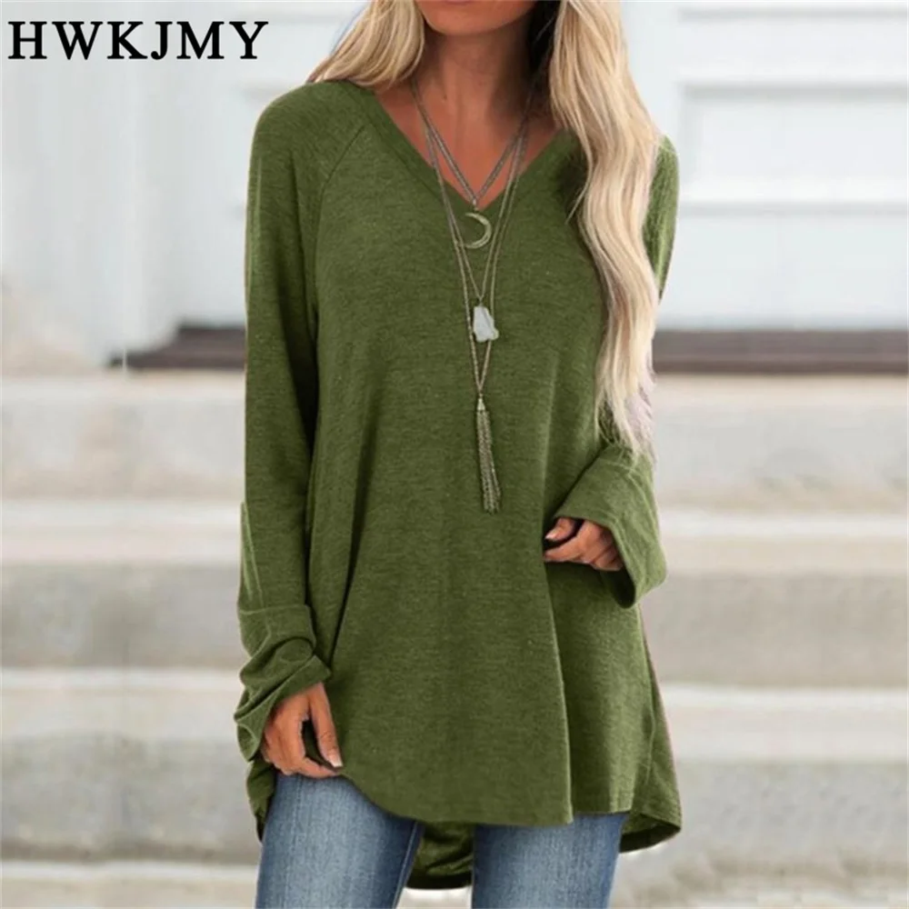 Ropa de moda de Otoño e Invierno para mujer, Tops de manga larga con cuello en V de Color liso informal, Túnica holgada de algodón de talla grande