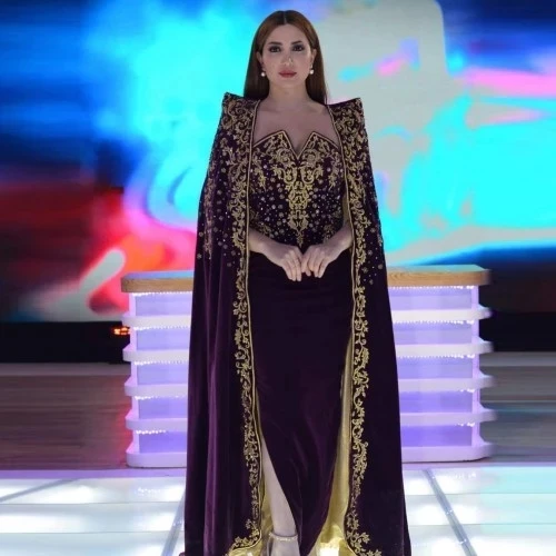 Purple Moroccan Kaftan Caftan Muslim Evening Dresses Sheath V-neck Appliques Beading Dubai Arabic Turkey Abaya Islamic Gown