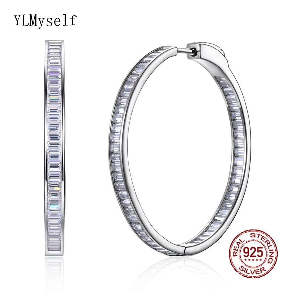 

Luxury 38mm diameter Real silver hoop earring T-square CZ jewelry 925 Sterling silver large circle earrings for night bar party