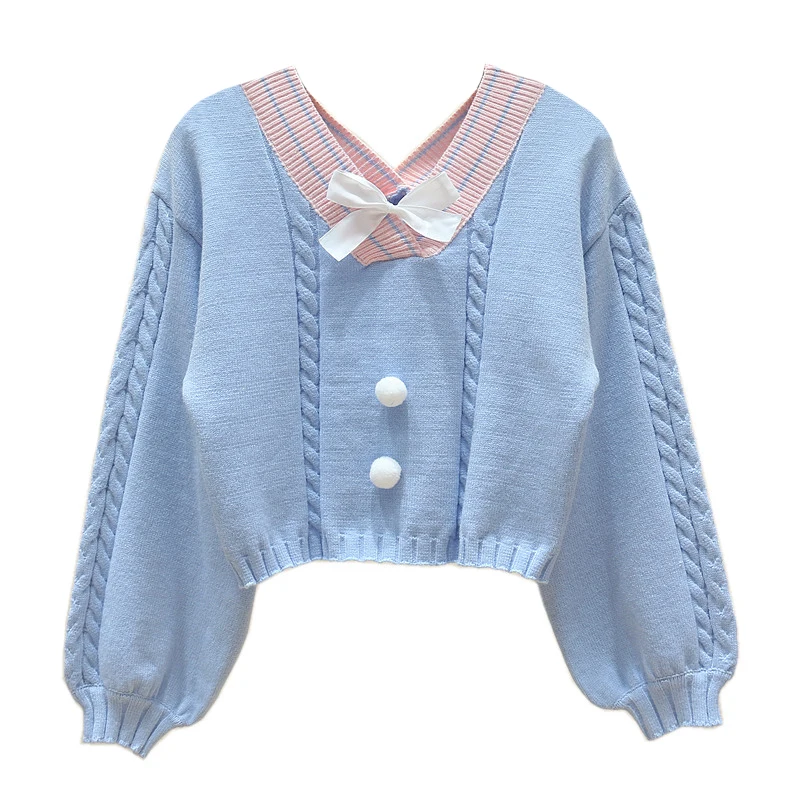 Suéter de punto de estilo coreano para mujer, jersey de manga larga con cuello en V y lazo Vintage, Top corto rosa, color blanco