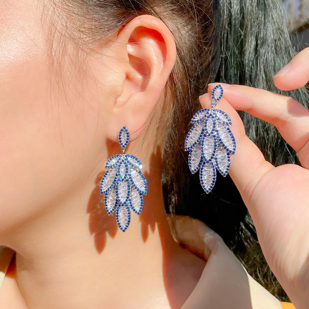 Pera Elegant Blue White CZ Crystal Long  Dangle Leaf Drop Earrings for Women Halloween Party Jewelry Gift Pendientes Mujer E825