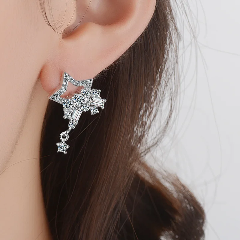 Silver Plated Exaggerated Long Temperament Stud Earrings Jewelry Simple Zircon Pentagram Meteor Earrings Exquisite Jewelry