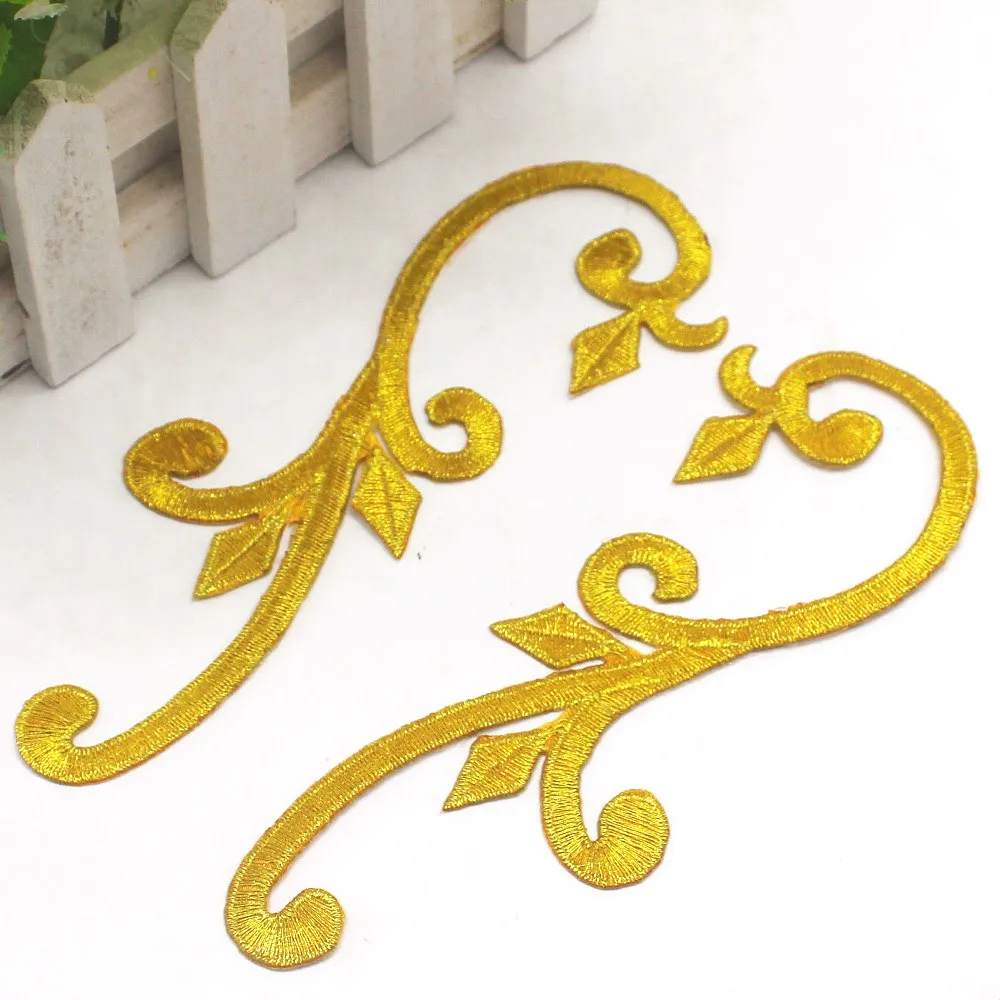 1 Pairs Gold Embroidered Patches Iron On Applique Mirror Pairs Trims Iron on Padded 15.5cm*6cm