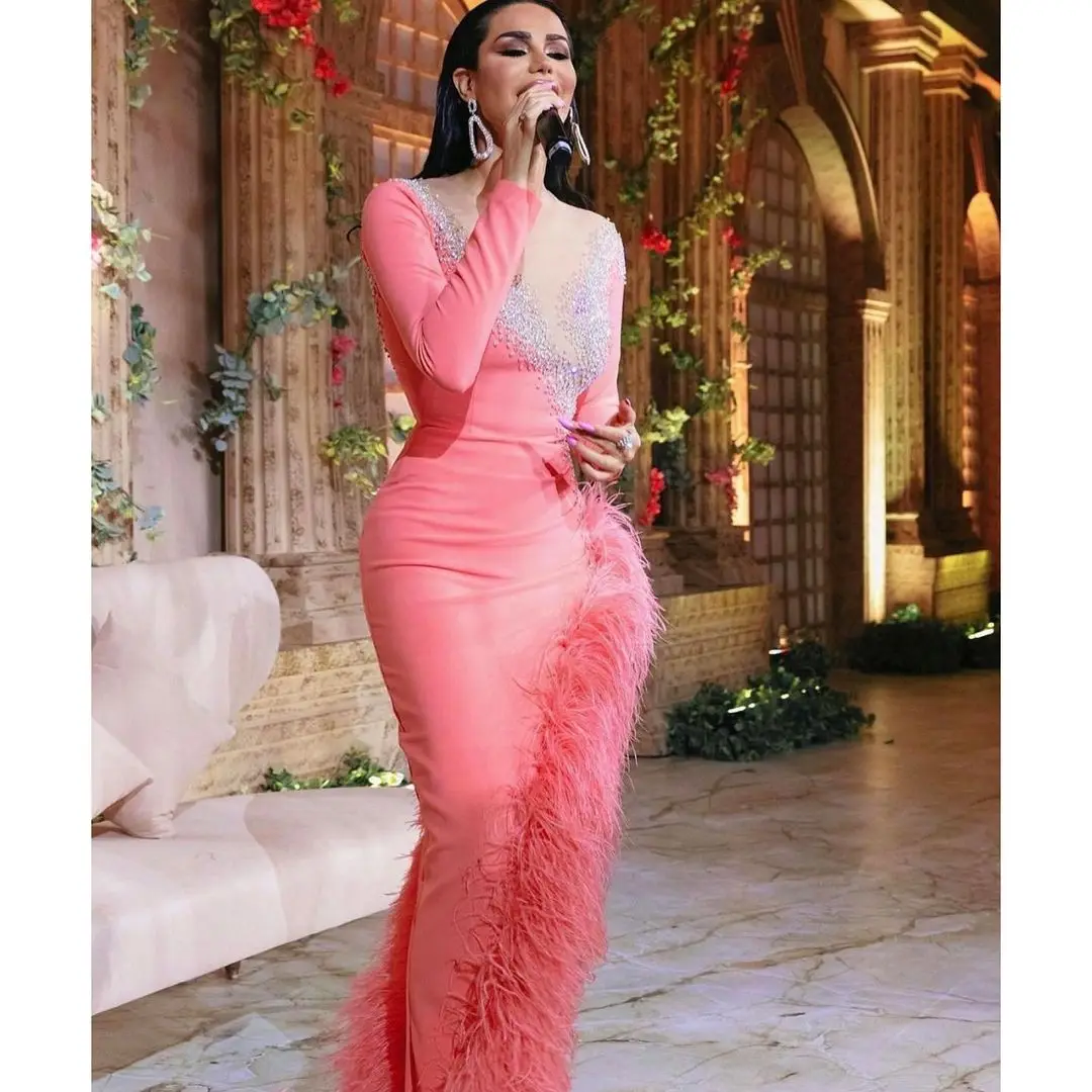 Ostrich Feather Pink Mermaid Evening Dresses Beading V Neck Long Sleeve Red Carpet Party Gowns Plus Size Side Split Prom Club