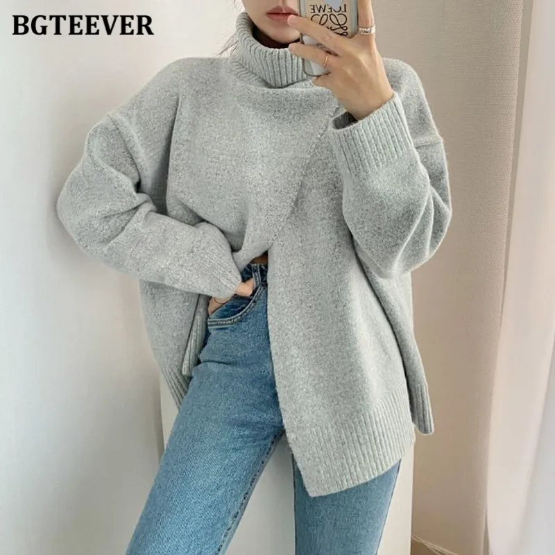 BGTEEVER Elegant Solid Turtleneck Sweaters for Women Casual Long Sleeve Front Split Female Knitted Pullovers 2021 Autumn Winter