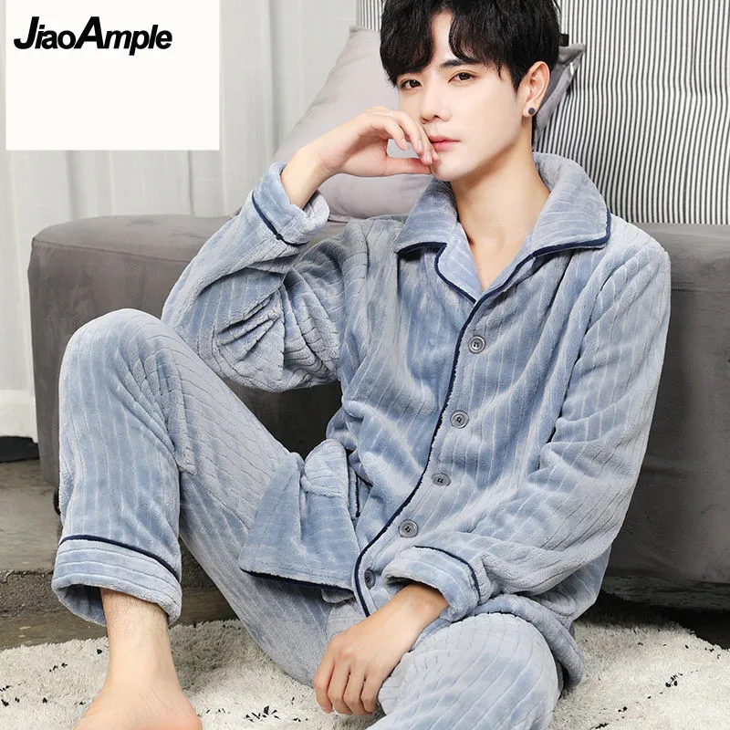 Pajamas Men\'s Winter Coral Velvet Thickened Sleepwear Suits Male Warm Pijamas Casual Cartoon Nightie Pyjamas Home Clothes Set