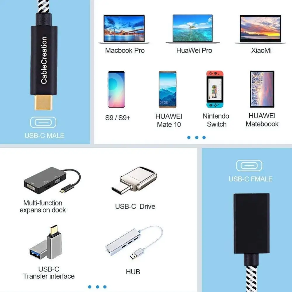 USB C 연장 케이블 (Gen 2/10Gbps), USB 3.1 Type C Male to Female 지원 4K 비디오 오디오 전송, Macbook Pro, 휴대폰 포함