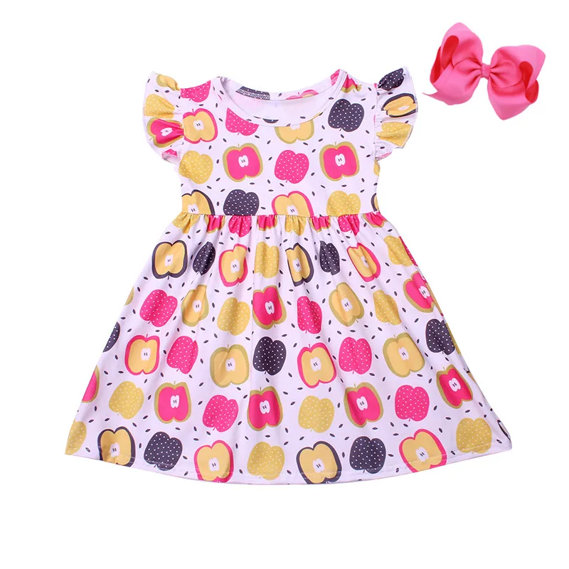 

New Print Toddlers Back to School Dress Kids Frist School Day Apple Dress Soft Milksilk Clothes With Bow