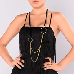 Amorcome Steampunk Link Chain Leather Pendant Necklaces for Women Black Long Necklace Choker Punk Sweater Chain Winter Jewelry