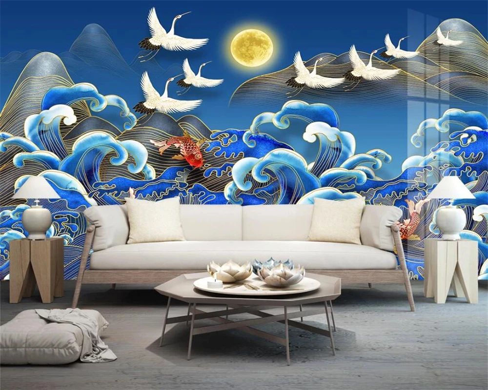 beibehang Custom wallpaper new Chinese style golden landscape crane abstract line background mural wall papers home decor