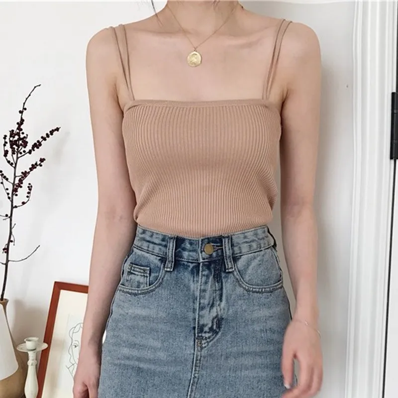 Fashion Sexy Knitted Top Women Sexy Sleeveless Vest T-Shirt Ladies Slim Strap Short Tops Camisole Sleeveless Basic Tanks