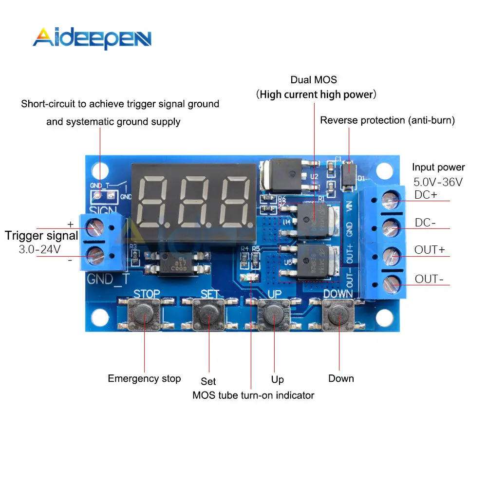 DC 5V-30V Dual-MOS-Zeitverzögerungsrelais, High-Level-Trigger, LED-Digitalanzeige, Zykluszeit-Timer, Verzögerungsschaltkreis, 12V 24V 0-999 – Detail 10