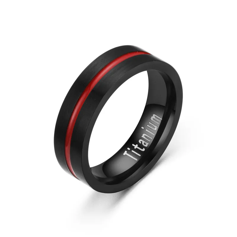 6/8mm Black Stainless Steel Couple Ring with Red Stripes Vintage Men\'s Titanium Steel Wedding Rings Band for Men Women Anillos