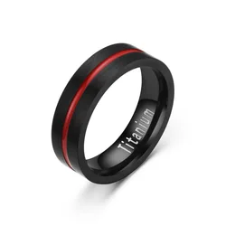 6/8mm Black Stainless Steel Couple Ring with Red Stripes Vintage Men's Titanium Steel Wedding Rings Band for Men Women Anillos