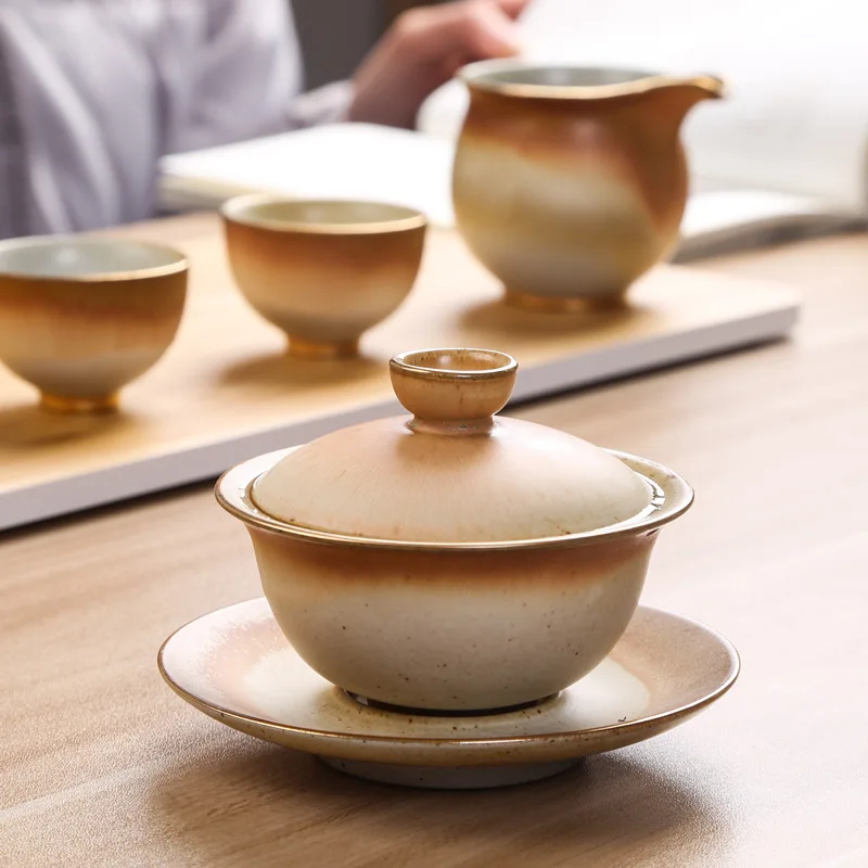 

Керамические чаши Gaiwan, чайная чашка из трех предметов, чаша для чая в стиле ретро, домашняя чаша для чая кунг-фу, китайский чайный сервиз ручной работы Gaiwan