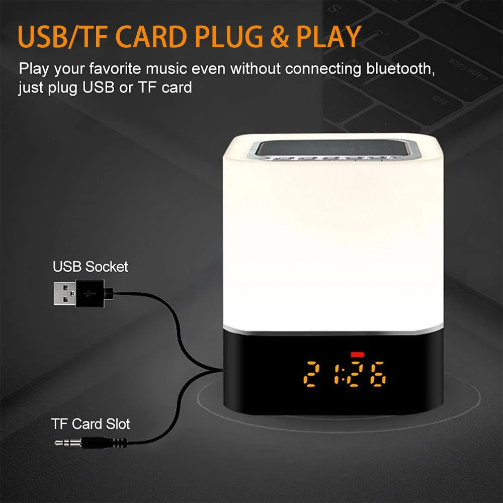 Wireless Bluetooth Speaker Lamp With LED Touch Night Light,Clock,MP3,RGB Multi-Color Changing Night Lights, All in 1