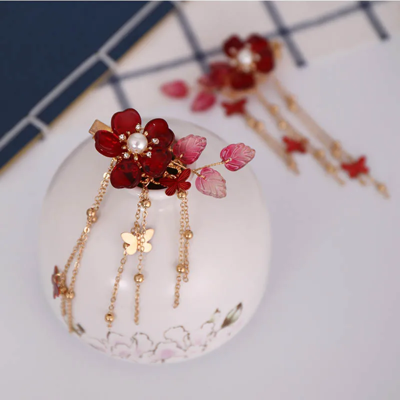 2PCS Retro Mädchen Haar Clips Mit Rote Blume Fee Schmetterling Quaste Haarnadel Chinesische Hanfu Haar Zubehör Vintage Party Kopfbedeckungen – Detail 5