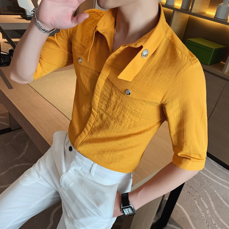 Style Solid British Color Shirt Slim Fit Men Casual Shirts Prom Club Tuxedo Dress 4XL Summer Men Dress Half Sleeve Shirt Yellow