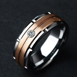 Fashion 8mm Men's Double Groove Beveled Steel Ring Rose Gold Color Brushed Inlay AAA Zircon Ring Men's Wedding Band Jewelry Gift