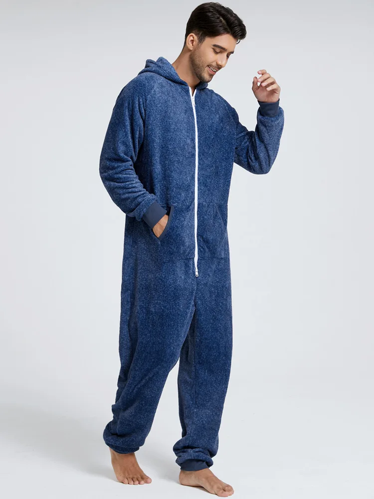 Winter Hoodies For Men Solid Flannel Jumpsuit Long Sleeve Mens One-piece Pajamas Sleepwear