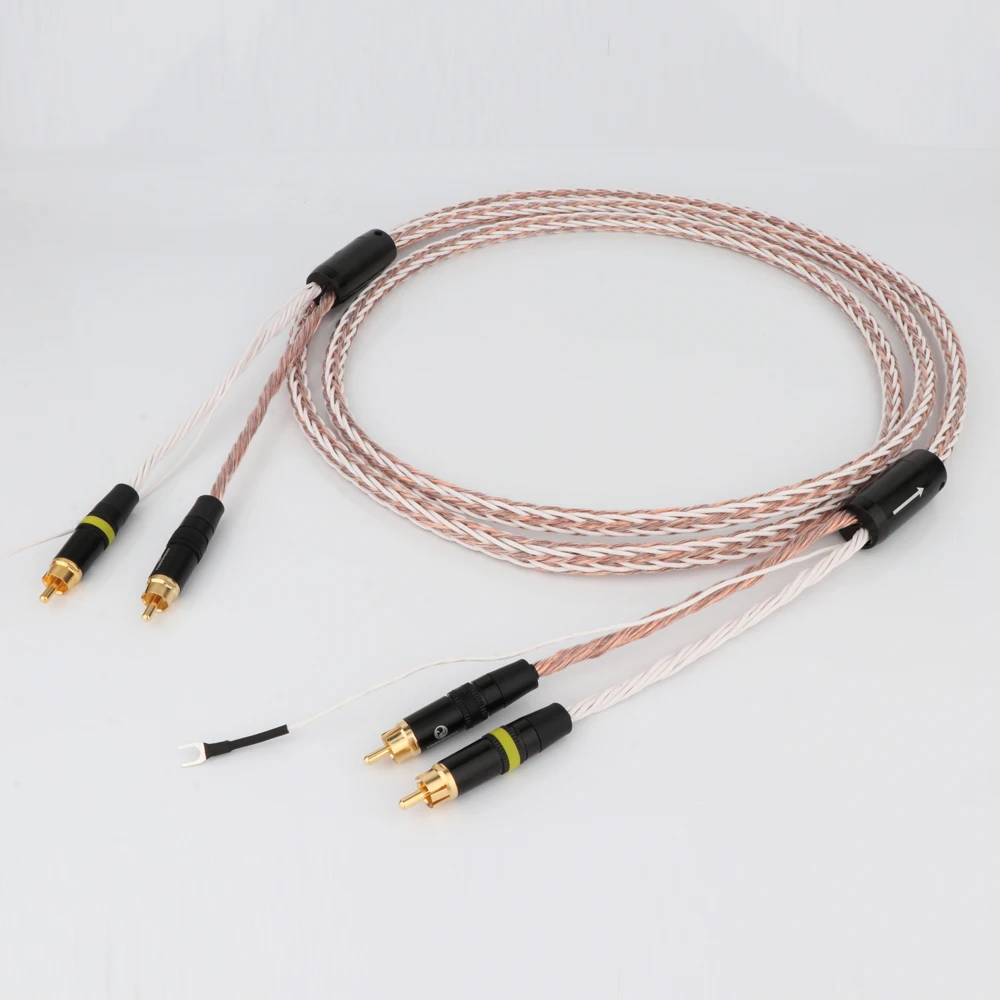 Cable de cobre puro 8TC 7N OCC 2 RCA a 2 RCA LP Audio Phono Tonearm con Cable de tierra, Cable de Audio
