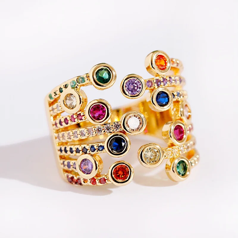 NONE Bague de luxe en Zircon pour femmes, arc-en-ciel, fleurs en cristal, accessoires de bijoux, bague réglable, bijoux de mariage, livraison directe